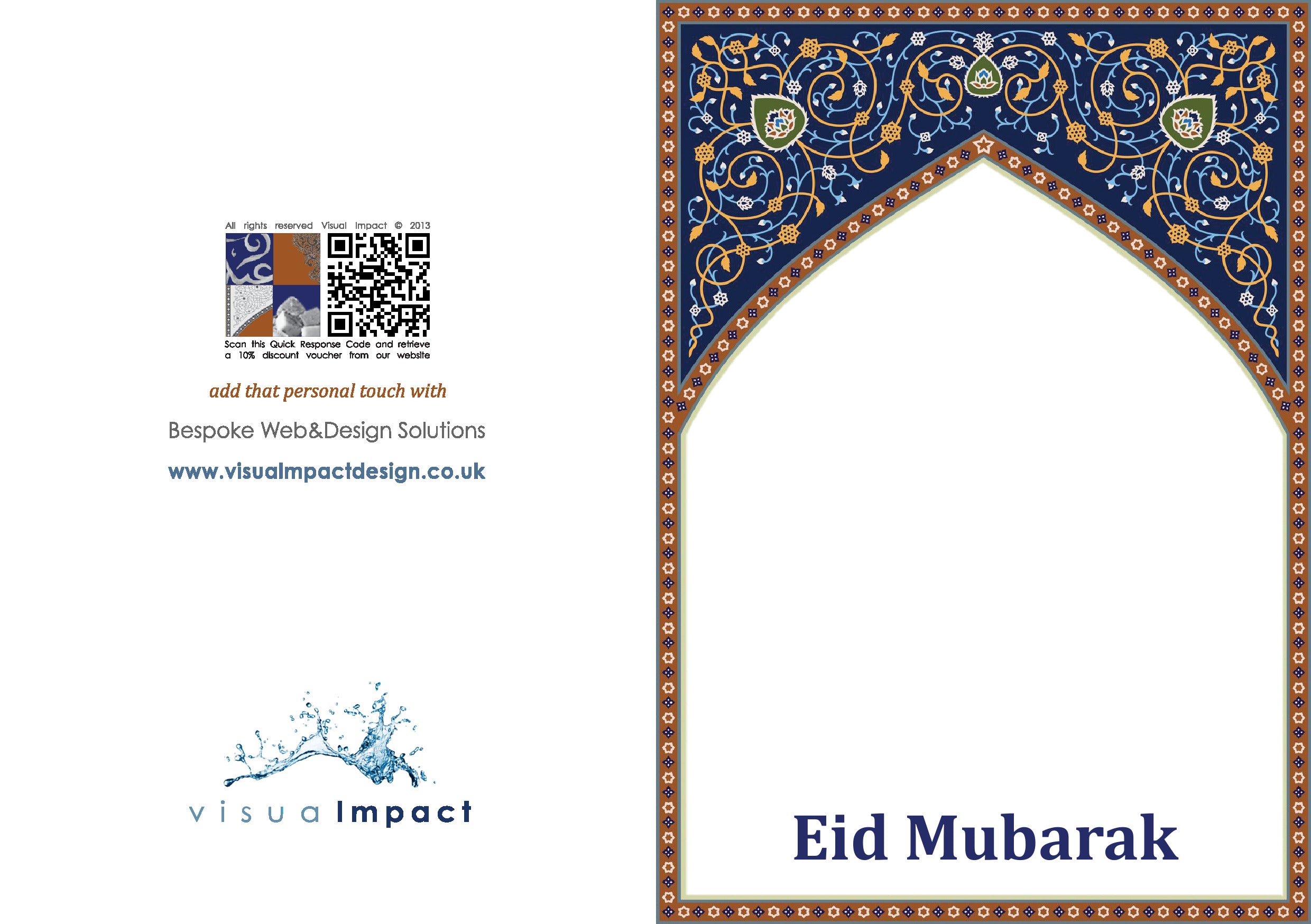 Decorative card with 'Eid Mubarak' text, Visual Impact logo, on a white background.